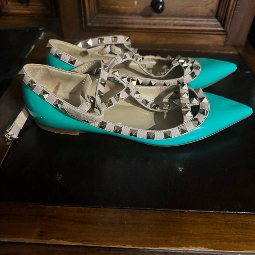 Valentino Rockstud Seafoam Blue Flats -36.5 - Picture 14 of 16